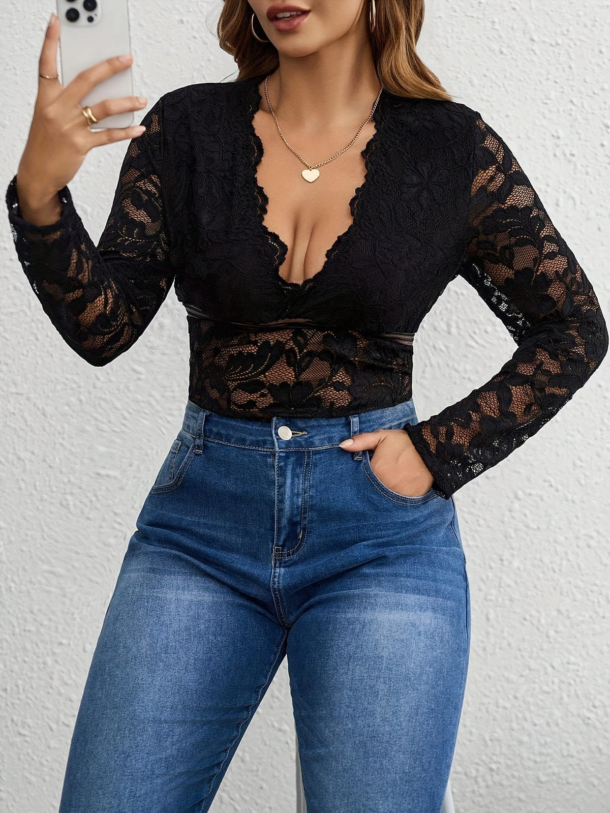 jkthpu-45 Plus Size - Elegant Plus Size Lace-Trimmed V-Neck Bodysuit for Women - Sexy Long Sleeve Jumpsuit with Floral Pattern, Stretchy Fabric, and Belted Waist, All-Season Wear, Elegant Attire | Floral Print Bodysuit | Glossy Finish, Lace Trim