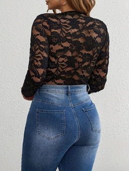 jkthpu-45 Plus Size - Elegant Plus Size Lace-Trimmed V-Neck Bodysuit for Women - Sexy Long Sleeve Jumpsuit with Floral Pattern, Stretchy Fabric, and Belted Waist, All-Season Wear, Elegant Attire | Floral Print Bodysuit | Glossy Finish, Lace Trim