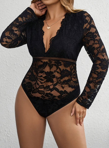 jkthpu-45 Plus Size - Elegant Plus Size Lace-Trimmed V-Neck Bodysuit for Women - Sexy Long Sleeve Jumpsuit with Floral Pattern, Stretchy Fabric, and Belted Waist, All-Season Wear, Elegant Attire | Floral Print Bodysuit | Glossy Finish, Lace Trim