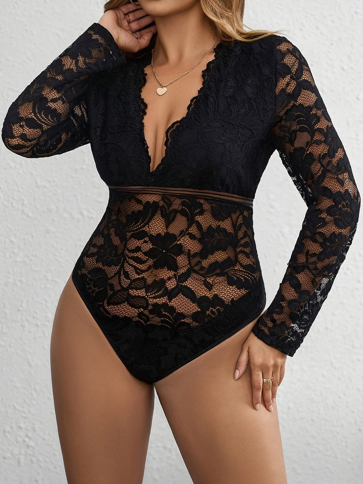 jkthpu-45 Plus Size - Elegant Plus Size Lace-Trimmed V-Neck Bodysuit for Women - Sexy Long Sleeve Jumpsuit with Floral Pattern, Stretchy Fabric, and Belted Waist, All-Season Wear, Elegant Attire | Floral Print Bodysuit | Glossy Finish, Lace Trim