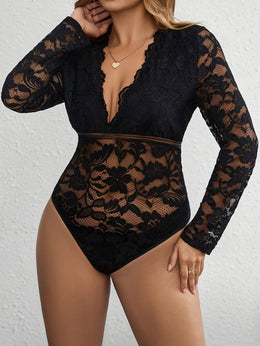 jkthpu-45 Plus Size - Elegant Plus Size Lace-Trimmed V-Neck Bodysuit for Women - Sexy Long Sleeve Jumpsuit with Floral Pattern, Stretchy Fabric, and Belted Waist, All-Season Wear, Elegant Attire | Floral Print Bodysuit | Glossy Finish, Lace Trim