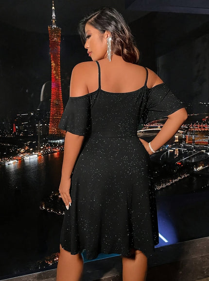 jkthpu-45 Plus Size - Elegant Plus Size Off-Shoulder Dress - Black, Short Sleeve, A-Line Silhouette, Stretchy Fabric, Perfect for All Seasons, Versatile Fashion|Sleek Fitted Design|Stretchy Fabric Dress