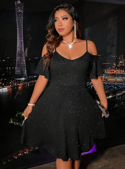 jkthpu-45 Plus Size - Elegant Plus Size Off-Shoulder Dress - Black, Short Sleeve, A-Line Silhouette, Stretchy Fabric, Perfect for All Seasons, Versatile Fashion|Sleek Fitted Design|Stretchy Fabric Dress