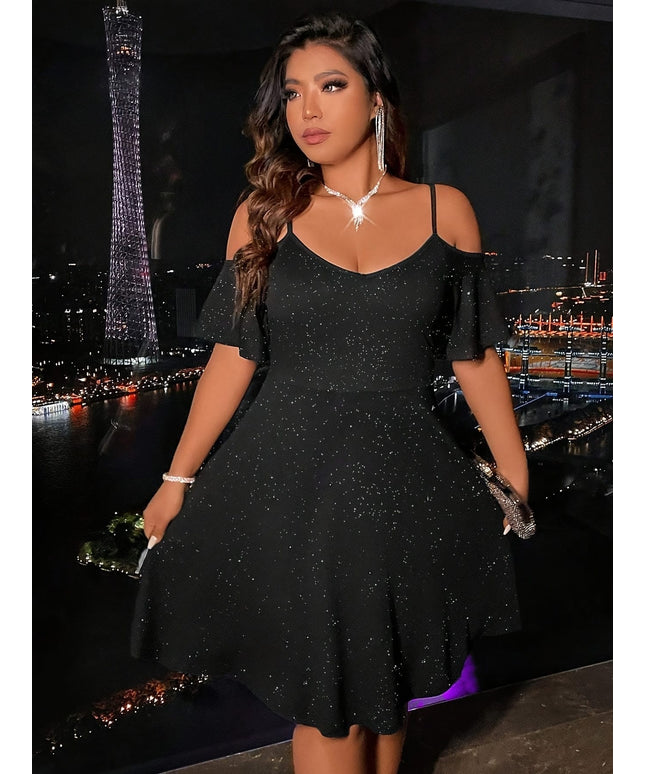 jkthpu-45 Plus Size - Elegant Plus Size Off-Shoulder Dress - Black, Short Sleeve, A-Line Silhouette, Stretchy Fabric, Perfect for All Seasons, Versatile Fashion|Sleek Fitted Design|Stretchy Fabric Dress