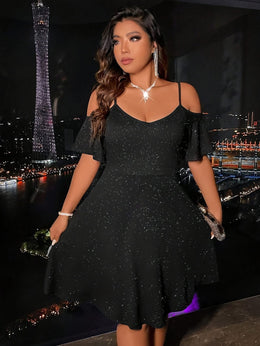 jkthpu-45 Plus Size - Elegant Plus Size Off-Shoulder Dress - Black, Short Sleeve, A-Line Silhouette, Stretchy Fabric, Perfect for All Seasons, Versatile Fashion|Sleek Fitted Design|Stretchy Fabric Dress