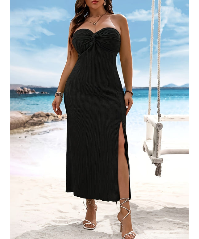 jkthpu-45 Plus Size - Elegant Plus Size Off-Shoulder Ruched Dress with Thigh Slit - Stretchy, Solid Black, Perfect for Beach or Evening Wear, Beach Dresses