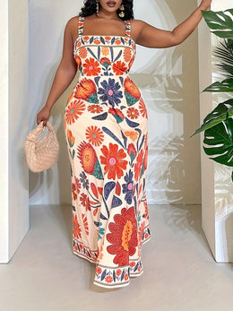 jkthpu-45 Plus Size - Elegant Plus Size Sleeveless A-Line Floral Print Dress with Cinched Waist - Vibrant Orange, Blue & Pink Flowers, Square Neckline, Lightweight Polyester for Spring/Summer Vacation & Casual Outings, Vacation Dress | Floral Print Dress | Glossy T