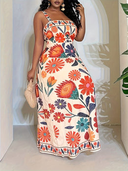jkthpu-45 Plus Size - Elegant Plus Size Sleeveless A-Line Floral Print Dress with Cinched Waist - Vibrant Orange, Blue & Pink Flowers, Square Neckline, Lightweight Polyester for Spring/Summer Vacation & Casual Outings, Vacation Dress | Floral Print Dress | Glossy T
