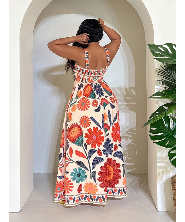 jkthpu-45 Plus Size - Elegant Plus Size Sleeveless A-Line Floral Print Dress with Cinched Waist - Vibrant Orange, Blue & Pink Flowers, Square Neckline, Lightweight Polyester for Spring/Summer Vacation & Casual Outings, Vacation Dress | Floral Print Dress | Glossy T
