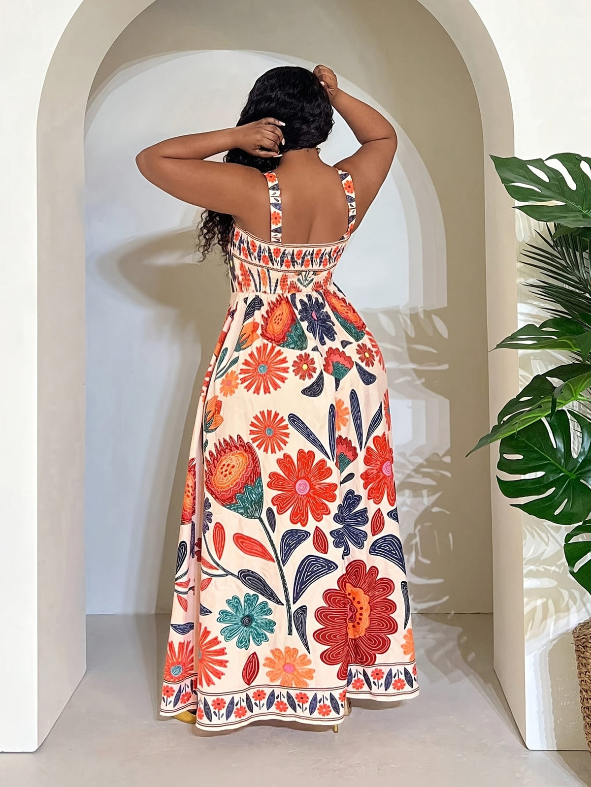 jkthpu-45 Plus Size - Elegant Plus Size Sleeveless A-Line Floral Print Dress with Cinched Waist - Vibrant Orange, Blue & Pink Flowers, Square Neckline, Lightweight Polyester for Spring/Summer Vacation & Casual Outings, Vacation Dress | Floral Print Dress | Glossy T