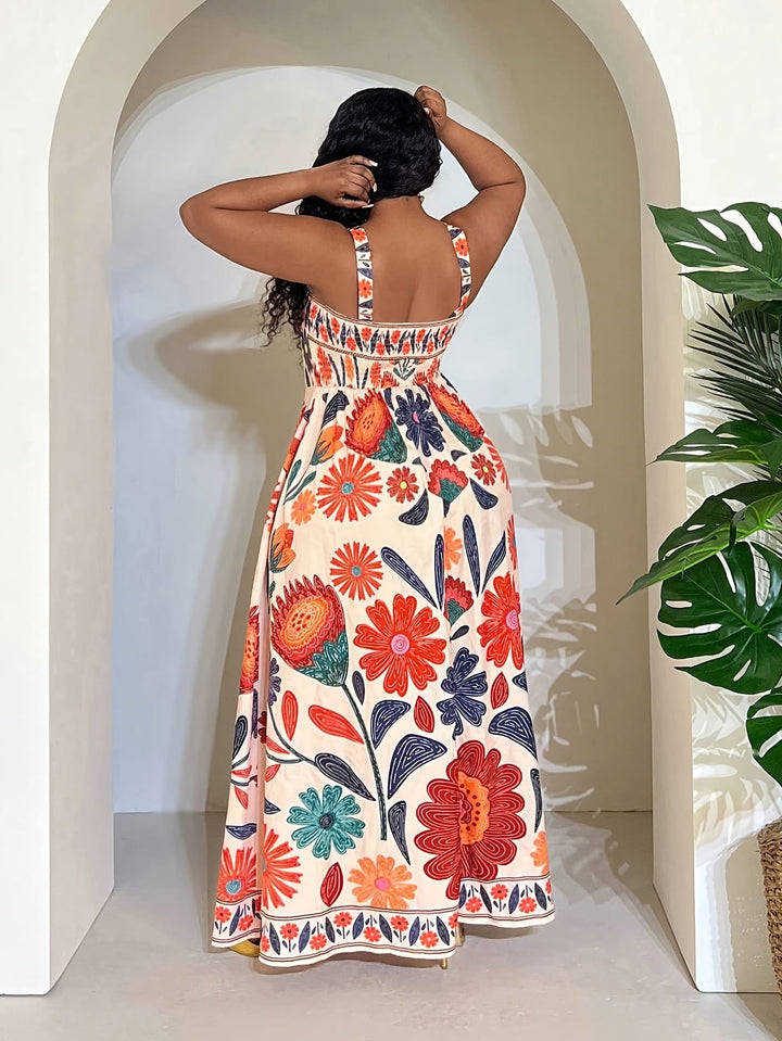 Plus Size - Elegant Plus Size Sleeveless A-Line Floral Print Dress with Cinched Waist - Vibrant Orange, Blue & Pink Flowers, Square Neckline, Lightweight Polyester for Spring/Summer Vacation & Casual Outings, Vacation Dress | Floral Print Dress | Glossy T