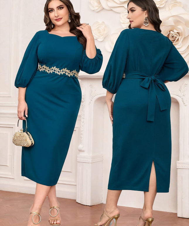 jkthpu-45 Plus Size - Elegant Plus Size Teal Midi Dress with Floral Waistband - Sleeveless, Round Neck, Flowing Design, Perfect for Spring/Summer Vacations, Vacation Dress | Floral Waistband Dress | Polyester Fabric