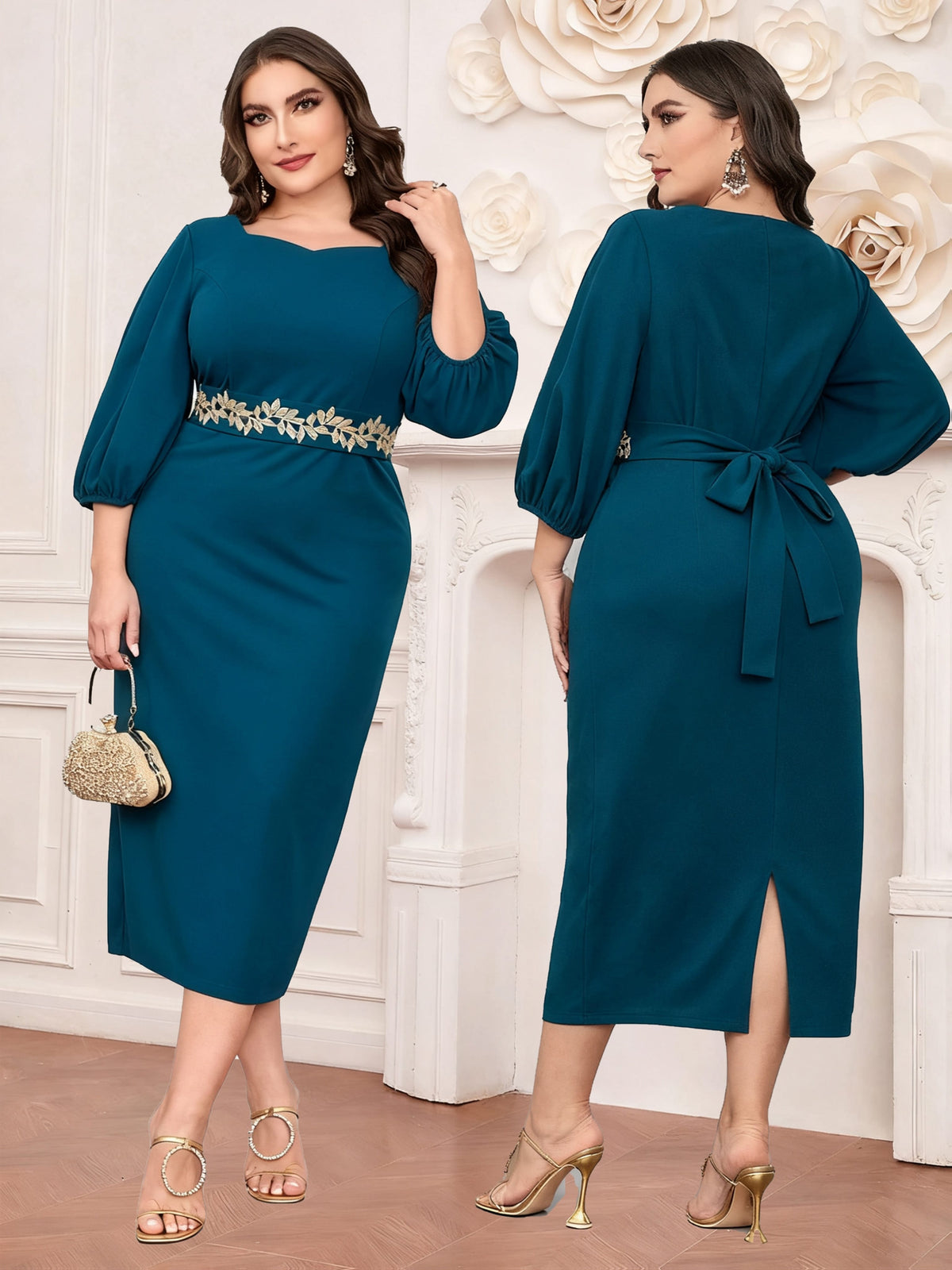 jkthpu-45 Plus Size - Elegant Plus Size Teal Midi Dress with Floral Waistband - Sleeveless, Round Neck, Flowing Design, Perfect for Spring/Summer Vacations, Vacation Dress | Floral Waistband Dress | Polyester Fabric