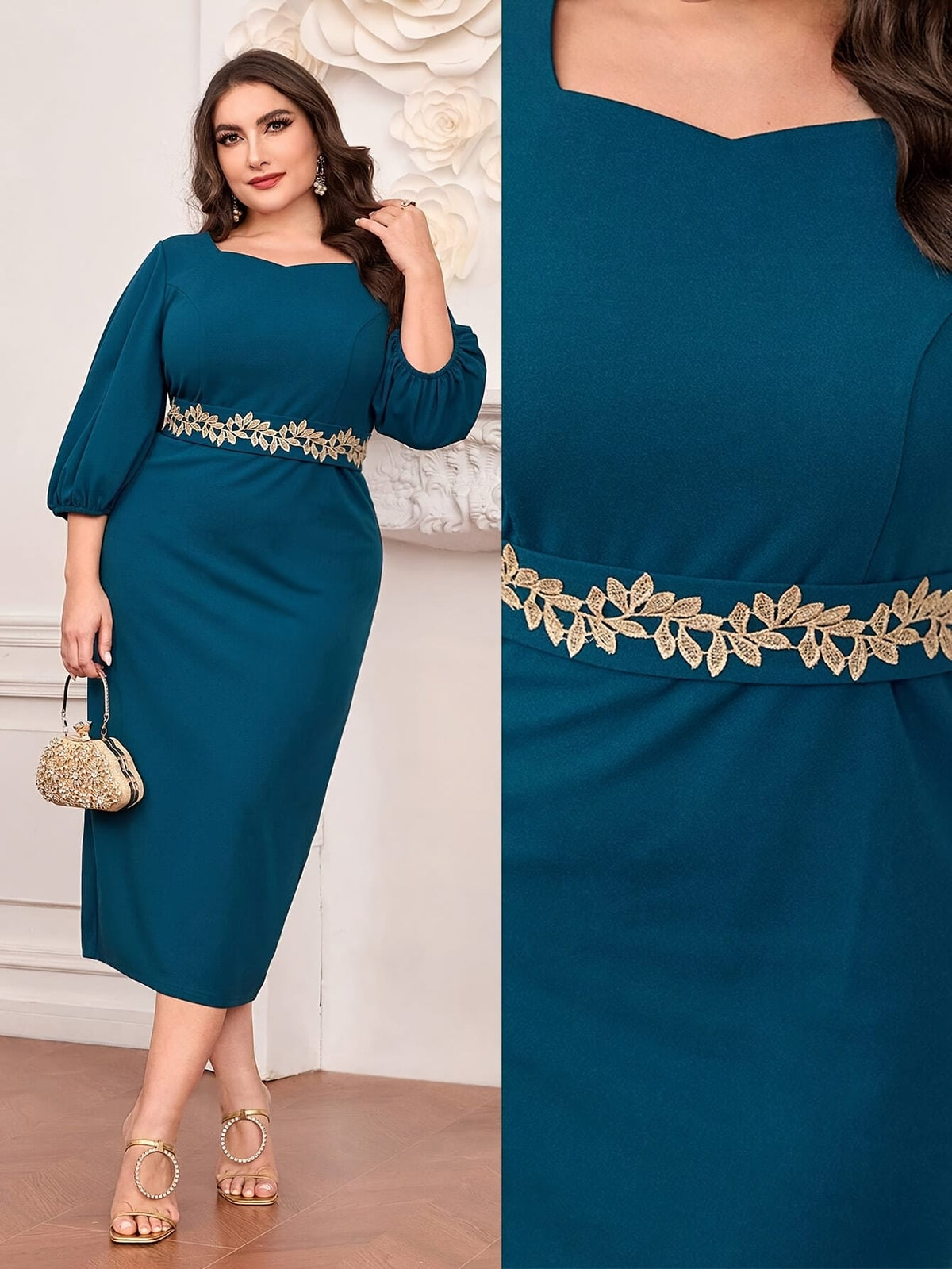 jkthpu-45 Plus Size - Elegant Plus Size Teal Midi Dress with Floral Waistband - Sleeveless, Round Neck, Flowing Design, Perfect for Spring/Summer Vacations, Vacation Dress | Floral Waistband Dress | Polyester Fabric
