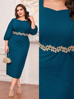 jkthpu-45 Plus Size - Elegant Plus Size Teal Midi Dress with Floral Waistband - Sleeveless, Round Neck, Flowing Design, Perfect for Spring/Summer Vacations, Vacation Dress | Floral Waistband Dress | Polyester Fabric