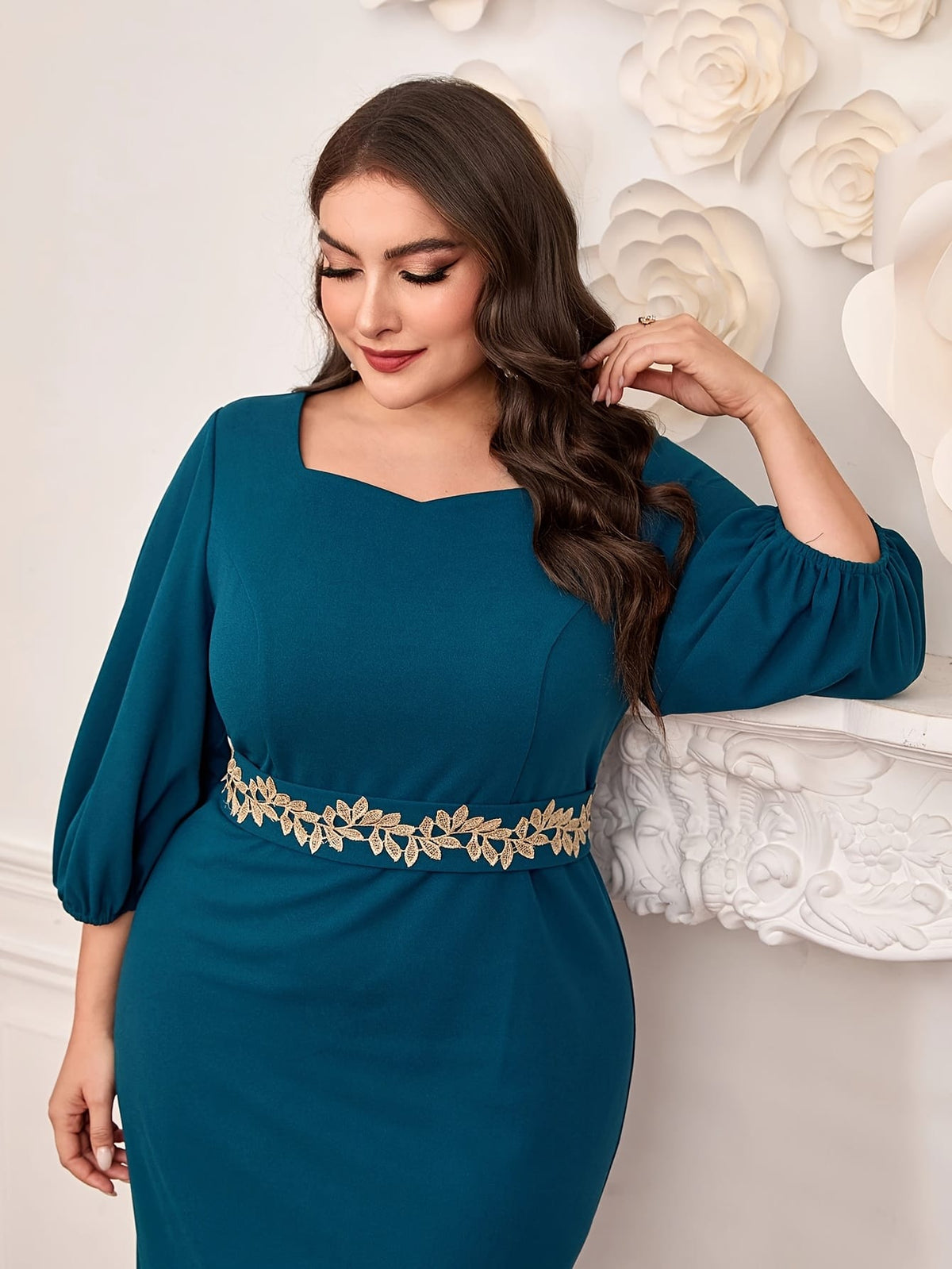jkthpu-45 Plus Size - Elegant Plus Size Teal Midi Dress with Floral Waistband - Sleeveless, Round Neck, Flowing Design, Perfect for Spring/Summer Vacations, Vacation Dress | Floral Waistband Dress | Polyester Fabric