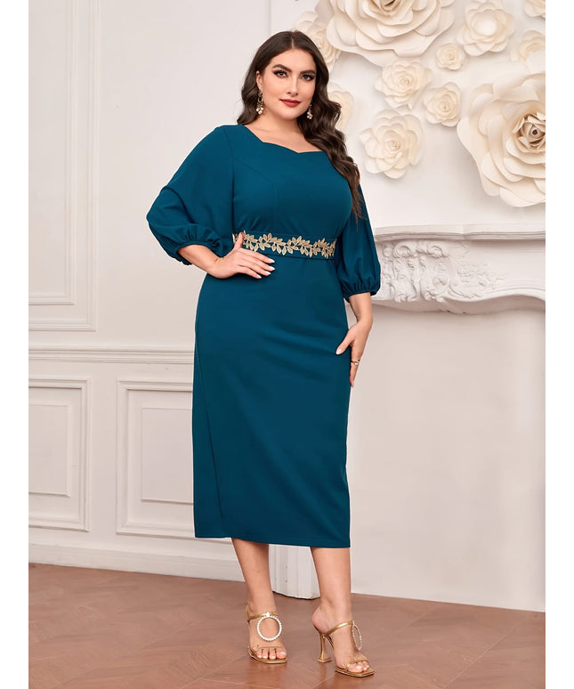 jkthpu-45 Plus Size - Elegant Plus Size Teal Midi Dress with Floral Waistband - Sleeveless, Round Neck, Flowing Design, Perfect for Spring/Summer Vacations, Vacation Dress | Floral Waistband Dress | Polyester Fabric