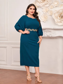 jkthpu-45 Plus Size - Elegant Plus Size Teal Midi Dress with Floral Waistband - Sleeveless, Round Neck, Flowing Design, Perfect for Spring/Summer Vacations, Vacation Dress | Floral Waistband Dress | Polyester Fabric