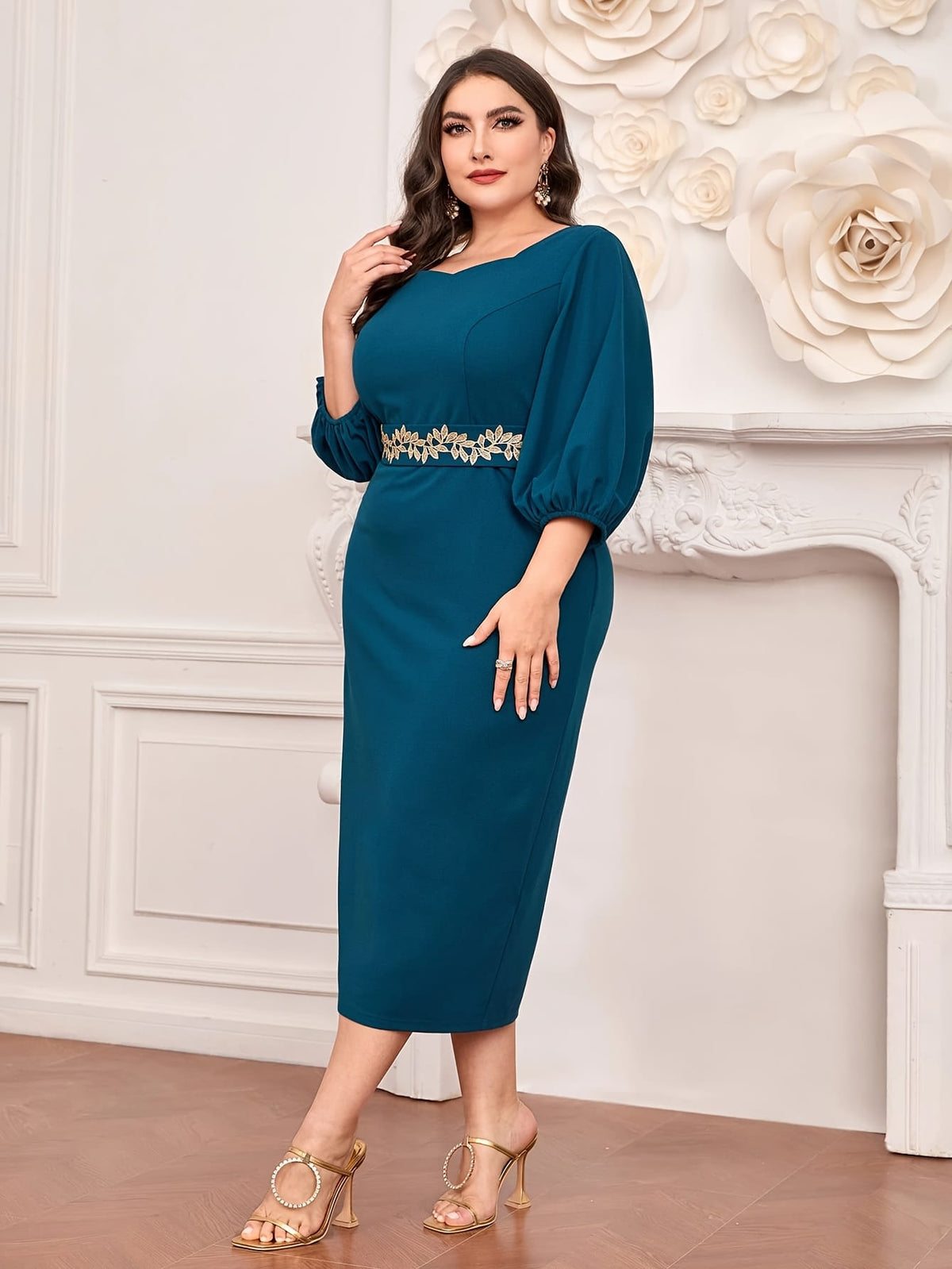 jkthpu-45 Plus Size - Elegant Plus Size Teal Midi Dress with Floral Waistband - Sleeveless, Round Neck, Flowing Design, Perfect for Spring/Summer Vacations, Vacation Dress | Floral Waistband Dress | Polyester Fabric