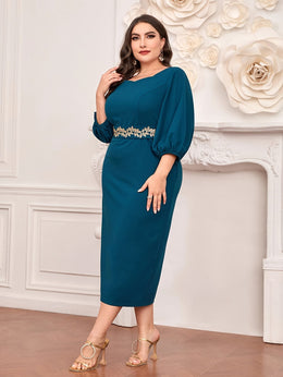 jkthpu-45 Plus Size - Elegant Plus Size Teal Midi Dress with Floral Waistband - Sleeveless, Round Neck, Flowing Design, Perfect for Spring/Summer Vacations, Vacation Dress | Floral Waistband Dress | Polyester Fabric