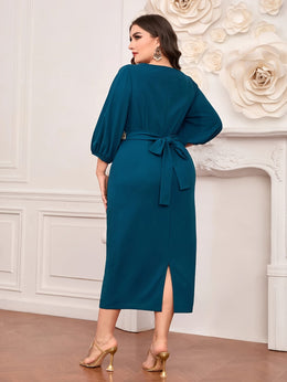 jkthpu-45 Plus Size - Elegant Plus Size Teal Midi Dress with Floral Waistband - Sleeveless, Round Neck, Flowing Design, Perfect for Spring/Summer Vacations, Vacation Dress | Floral Waistband Dress | Polyester Fabric