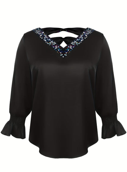 jkthpu-45 Plus Size - Elegant Plus Size V-Neck Blouse