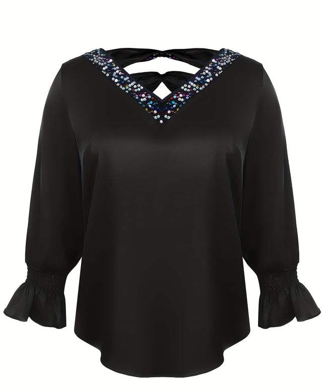 jkthpu-45 Plus Size - Elegant Plus Size V-Neck Blouse