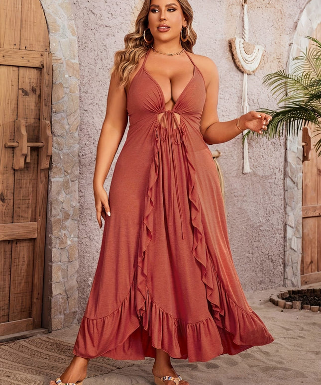 jkthpu-45 Plus Size - Elegant Plus Size V-Neck Maxi Dress with Ruffle Hem & Tie-Back Detail - Stretchy Polyester Blend, Sleeveless, Brown, Perfect for Spring/Summer, Casual to Formal Wear, Formal Summer Dress | Ruffle Hem Dress | Polyester Blend