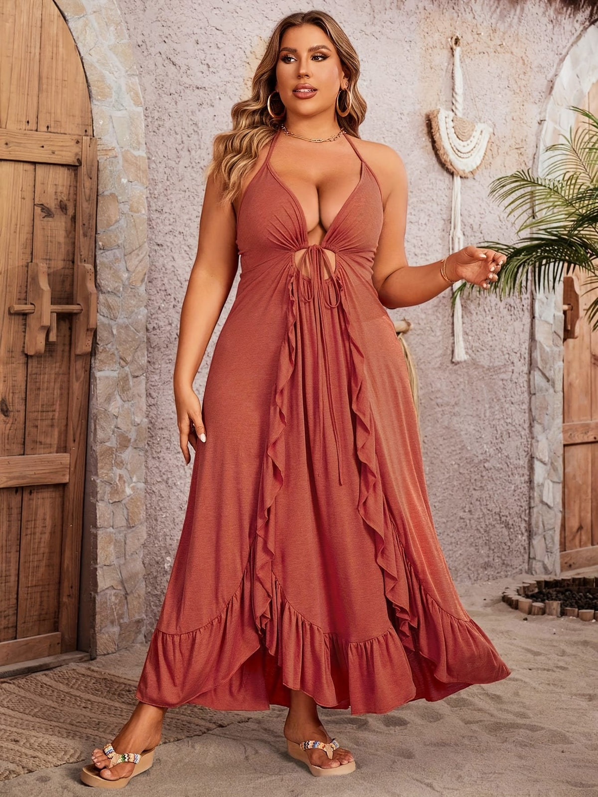 jkthpu-45 Plus Size - Elegant Plus Size V-Neck Maxi Dress with Ruffle Hem & Tie-Back Detail - Stretchy Polyester Blend, Sleeveless, Brown, Perfect for Spring/Summer, Casual to Formal Wear, Formal Summer Dress | Ruffle Hem Dress | Polyester Blend