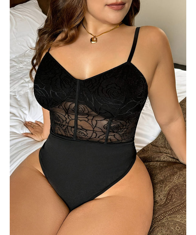 jkthpu-45 Plus Size - Elegant Plus Size Women'S Floral Lace Bodysuit - Square Neck, Stretchy & Comfortable, Black with White Floral Pattern, Perfect for Casual or Formal Occasions, Floral Lace Dress