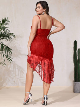 jkthpu-45 Plus Size Elegant Red Evening Gown – Asymmetric Hem & Spaghetti Straps