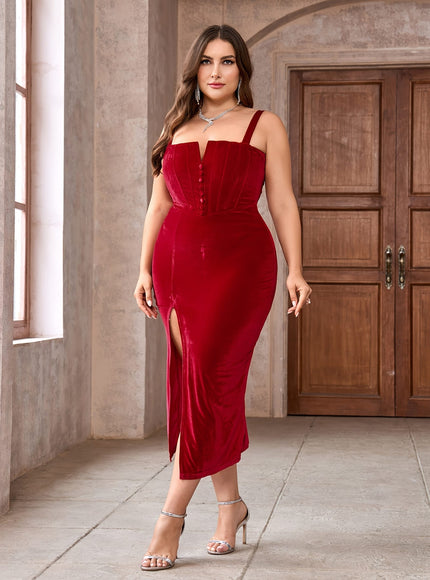 jkthpu-45 Plus Size - Elegant Red Satin Bodycon Midi Dress with High Slit - V-Neck, Sleeveless, Button Detail, Perfect for Evening Outings, Evening Wear|Sleek Fitted Design|Satin Finish