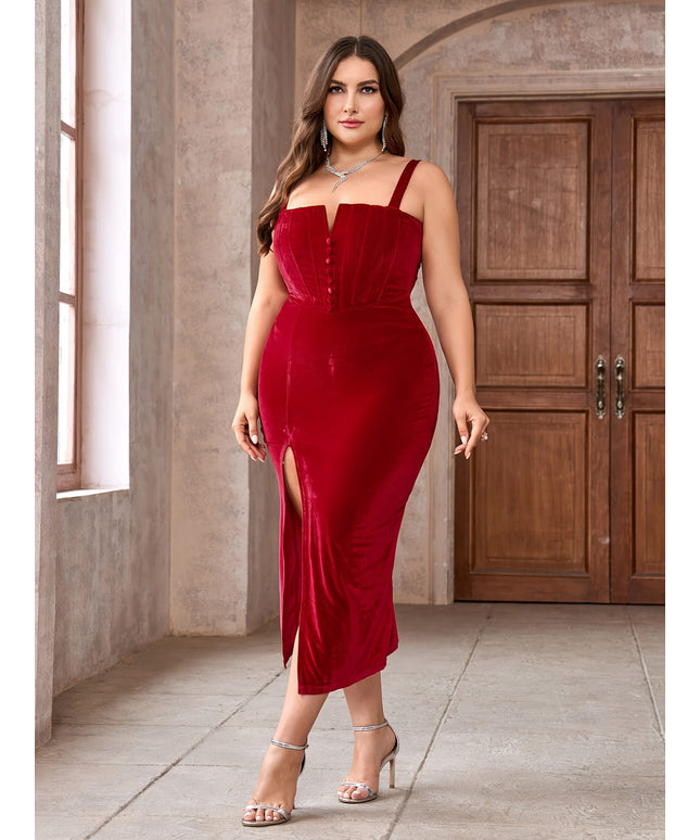 jkthpu-45 Plus Size - Elegant Red Satin Bodycon Midi Dress with High Slit - V-Neck, Sleeveless, Button Detail, Perfect for Evening Outings, Evening Wear|Sleek Fitted Design|Satin Finish