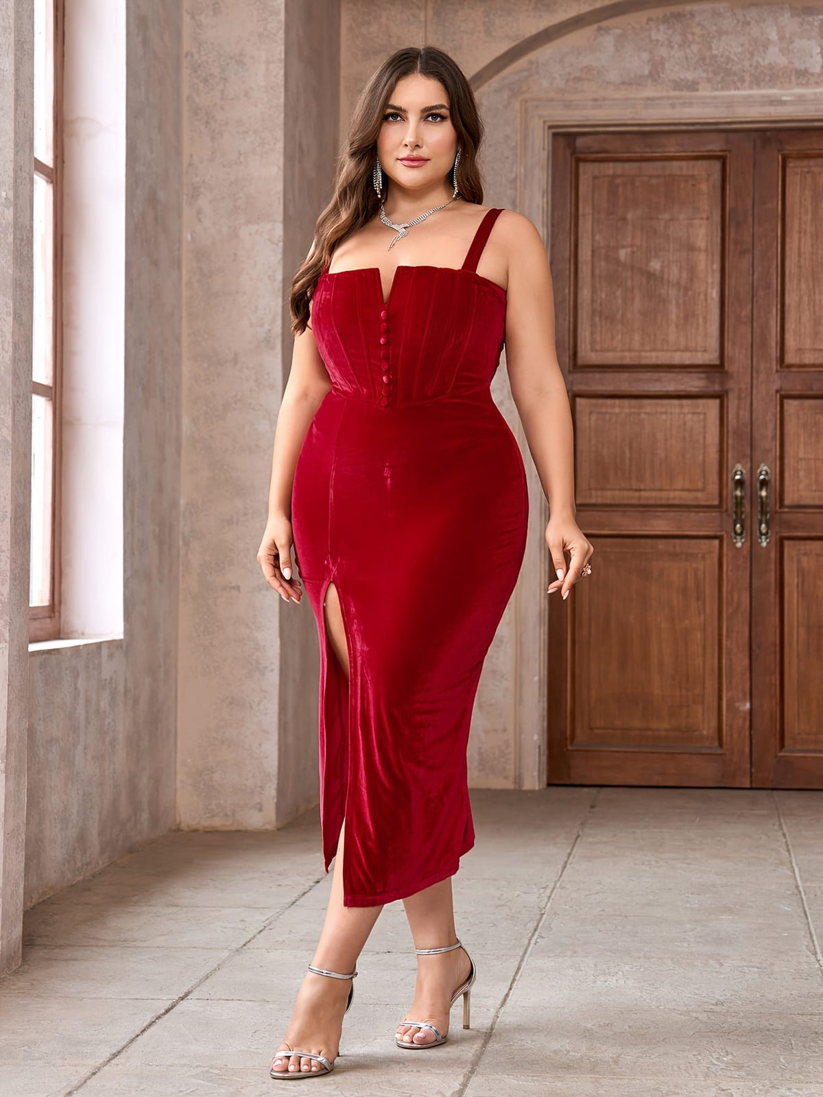 jkthpu-45 Plus Size - Elegant Red Satin Bodycon Midi Dress with High Slit - V-Neck, Sleeveless, Button Detail, Perfect for Evening Outings, Evening Wear|Sleek Fitted Design|Satin Finish