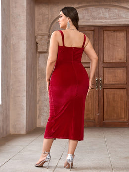 jkthpu-45 Plus Size - Elegant Red Satin Bodycon Midi Dress with High Slit - V-Neck, Sleeveless, Button Detail, Perfect for Evening Outings, Evening Wear|Sleek Fitted Design|Satin Finish