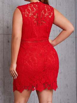 jkthpu-45 Plus Size Elegant Tank Dress, Women's Plus Solid Lace Round Neck Mini Slim Fit Dress