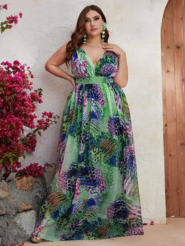 jkthpu-45 Plus Size - Elegant Tropical Print Chiffon Halter Neck Dress for Women - Sleeveless, Backless, Long Dress with Ruched Chest Detail, Perfect for Summer Beach Vacations, Beach Dress