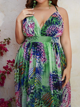 jkthpu-45 Plus Size - Elegant Tropical Print Chiffon Halter Neck Dress for Women - Sleeveless, Backless, Long Dress with Ruched Chest Detail, Perfect for Summer Beach Vacations, Beach Dress