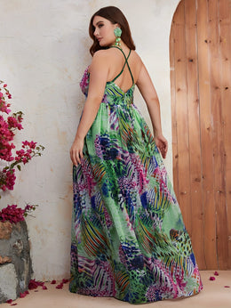jkthpu-45 Plus Size - Elegant Tropical Print Chiffon Halter Neck Dress for Women - Sleeveless, Backless, Long Dress with Ruched Chest Detail, Perfect for Summer Beach Vacations, Beach Dress