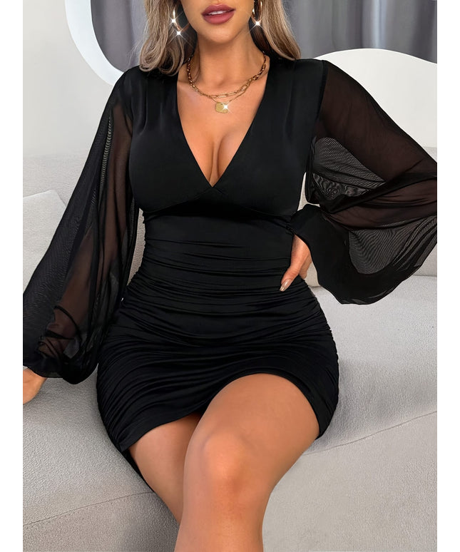 jkthpu-45 Plus Size Elegant V-Neck Bodycon Dress with Mesh Sleeves – Stretchy Form-Fitting Mini Dress in Black, Perfect for All Seasons