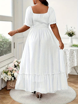 jkthpu-45 Plus Size - Elegant White Square Neck Dress with Lantern Sleeves and Ruffled Hem - Long Sleeve, Flowy Maxi Dress for Women, Perfect for Vacation or Formal Occasions, Vacation Dress | Ruffled Hem Dress | Nonstretch Fabric, Cute Dresses