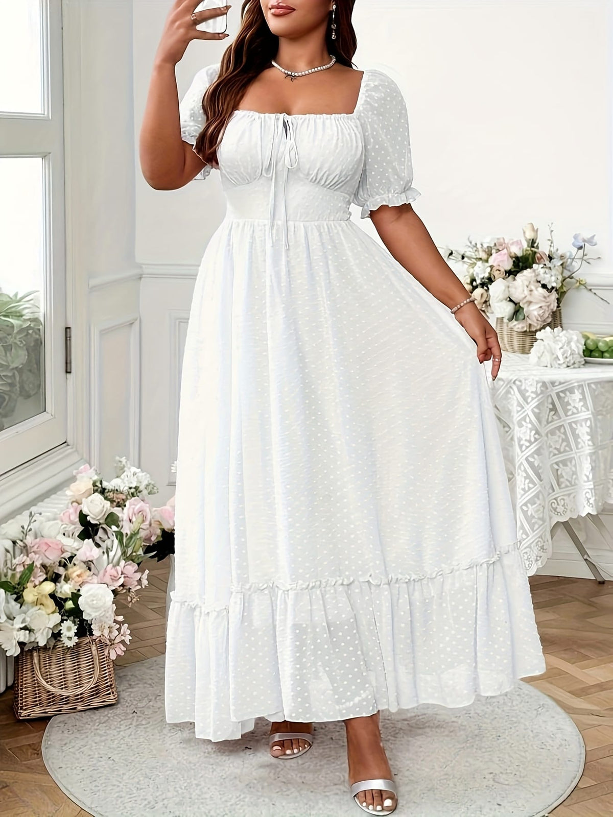 jkthpu-45 Plus Size - Elegant White Square Neck Dress with Lantern Sleeves and Ruffled Hem - Long Sleeve, Flowy Maxi Dress for Women, Perfect for Vacation or Formal Occasions, Vacation Dress | Ruffled Hem Dress | Nonstretch Fabric, Cute Dresses