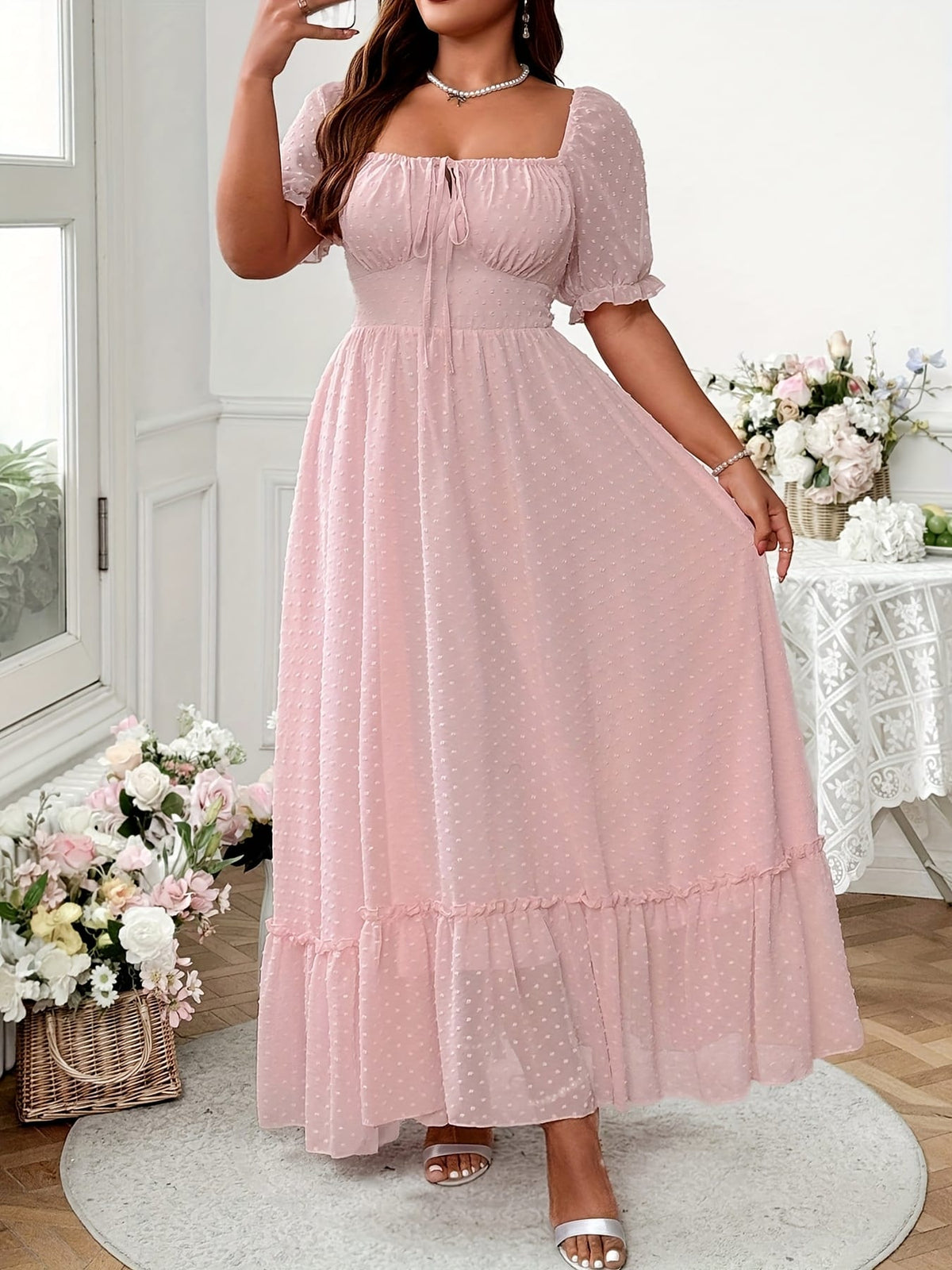 jkthpu-45 Plus Size - Elegant White Square Neck Dress with Lantern Sleeves and Ruffled Hem - Long Sleeve, Flowy Maxi Dress for Women, Perfect for Vacation or Formal Occasions, Vacation Dress | Ruffled Hem Dress | Nonstretch Fabric, Cute Dresses