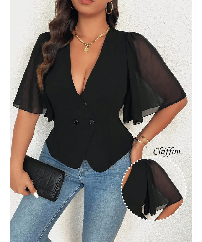 jkthpu-45 Plus Size - Elegant Women'S Blouse with V-Neck, Single Color, Mesh Panel and Button Detail, Non-Stretch Fabric, All-Season Wear, Stylish Office Attire, Office Attire Blouse | Vneck Blouse | Nonstretch Fabric