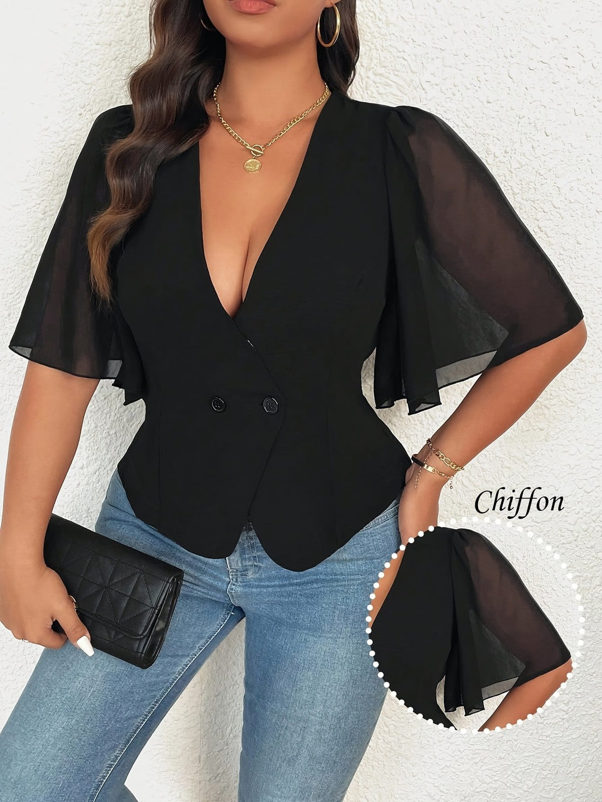 jkthpu-45 Plus Size - Elegant Women'S Blouse with V-Neck, Single Color, Mesh Panel and Button Detail, Non-Stretch Fabric, All-Season Wear, Stylish Office Attire, Office Attire Blouse | Vneck Blouse | Nonstretch Fabric