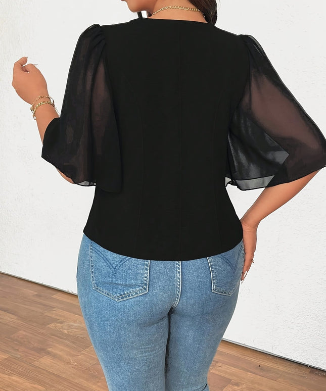 jkthpu-45 Plus Size - Elegant Women'S Blouse with V-Neck, Single Color, Mesh Panel and Button Detail, Non-Stretch Fabric, All-Season Wear, Stylish Office Attire, Office Attire Blouse | Vneck Blouse | Nonstretch Fabric