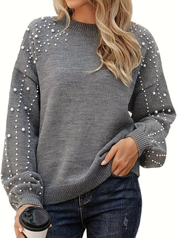 jkthpu-45 Plus Size Faux Pearl Elegant Women's Long Sleeve