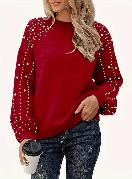 jkthpu-45 Plus Size Faux Pearl Elegant Women's Long Sleeve