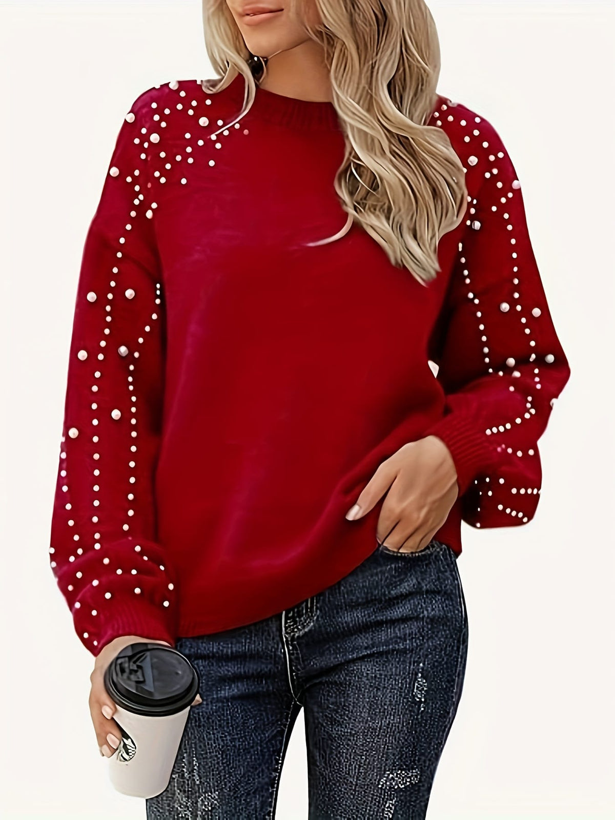 jkthpu-45 Plus Size Faux Pearl Elegant Women's Long Sleeve