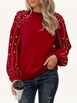 jkthpu-45 Plus Size Faux Pearl Elegant Women's Long Sleeve